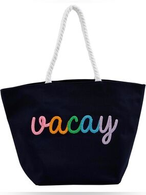 Mud Pie Navy Boucle Word Tote featuring bouclé embroidery